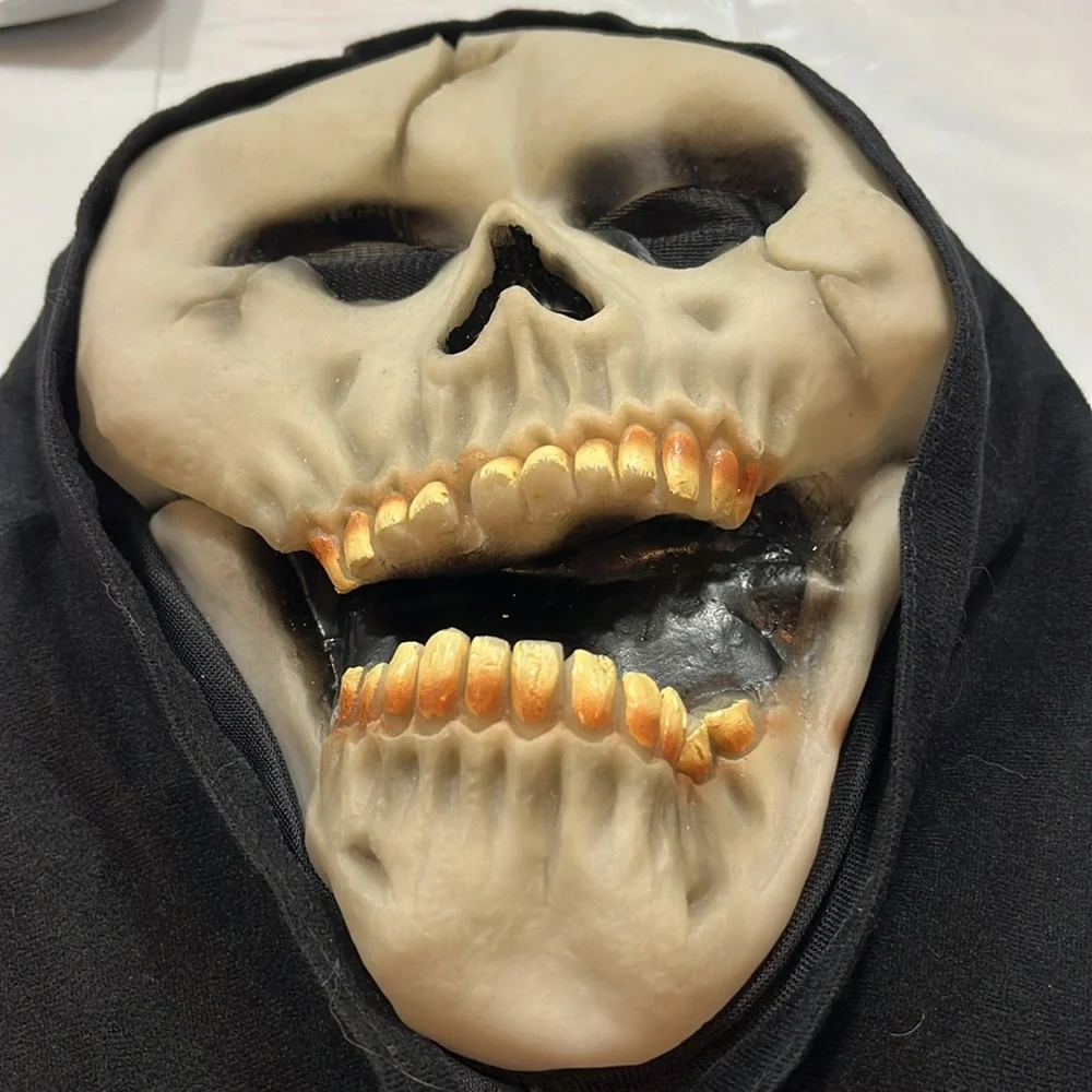 Skull face mask SCARY HORROR teeth open mouth cracked skull black hood Halloween